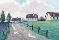 Cottage house watercolor painting at country side