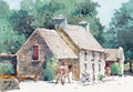 Cottage house watercolor painting at country side