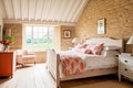 Cottage bedroom decor, interior design and holiday rental, bed with elegant bedding linen and antique furniture, English country