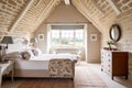 Cottage bedroom decor, interior design and holiday rental, bed with elegant bedding linen and antique furniture, English country