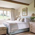 Cottage bedroom decor, interior design and holiday rental, bed with elegant bedding linen and antique furniture, English country