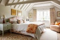 Cottage bedroom decor, interior design and holiday rental, bed with elegant bedding linen and antique furniture, English country