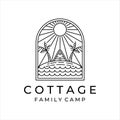 cottage or cabin line art simple minimalist vector logo illustration design. badge cottage at the beach and palm tree family camp Royalty Free Stock Photo