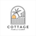 cottage or cabin line art simple minimalist vector logo illustration design. badge cottage at the beach and palm tree family camp Royalty Free Stock Photo