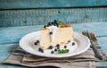 Cottage cheese baked pudding, sour cream and blueberries Royalty Free Stock Photo