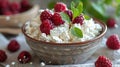 cottage cheese with berries, honey and nuts, fresh berries for breakfast closeup Royalty Free Stock Photo