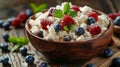 cottage cheese with berries, honey and nuts, fresh berries for breakfast closeup Royalty Free Stock Photo