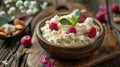 cottage cheese with berries, honey and nuts, fresh berries for breakfast closeup Royalty Free Stock Photo