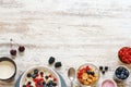 Cottage cheese with berries, yogurt and cornflakes. Copy space. Royalty Free Stock Photo