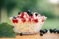 Cottage cheese with berry jam with fresh black currant, a glass of milk and a slice of freshly baked bread on a light