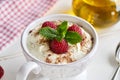 Cottage cheese blended with flax seed oil, with berries. Budwig diet Royalty Free Stock Photo