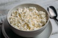 Cottage cheese or curd in bowl on white wooden rustic table, selective focus, close up. Healthy organic and farm food Royalty Free Stock Photo