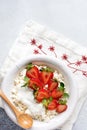 Cottage cheese, curd cheese with strawberries berries in a bowl, ogranic homemade dairy product. Healthy dairy product rich in Royalty Free Stock Photo