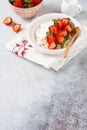 Cottage cheese, curd cheese with strawberries berries in a bowl, ogranic homemade dairy product. Healthy dairy product rich in Royalty Free Stock Photo