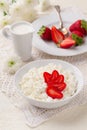 Cottage cheese with fresh strawberries and cream jug Royalty Free Stock Photo