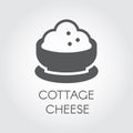 Cottage cheese glyph icon. Dairy product in bowl flat label. Natural healthy diet food logo. Milk ingredient pictogram