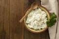 Cottage cheese isoalted on wooden background. Dairy products, calcium and protein. Healthy breakfast Royalty Free Stock Photo