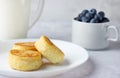 Cottage cheese pancakes with fresh blueberries and milk. Homemade food. Healthy Breakfast