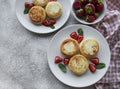 Cottage cheese pancakes, ricotta fritters on ceramic plate with  fresh strawberry Royalty Free Stock Photo