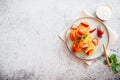 Cottage cheese pancakes, ricotta fritters or syrniki with mint and strawberries. Healthy and delicious morning breakfast Royalty Free Stock Photo