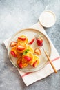 Cottage cheese pancakes, ricotta fritters or syrniki with mint and strawberries. Healthy and delicious morning breakfast Royalty Free Stock Photo