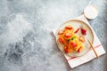 Cottage cheese pancakes, ricotta fritters or syrniki with mint and strawberries. Healthy and delicious morning breakfast Royalty Free Stock Photo