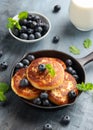 Cottage cheese pancakes served in cast iron frying pan with blueberries and mint leaves. Healthy breakfast food. Royalty Free Stock Photo