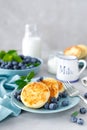 Cottage cheese pancakes, sweet curd fritters with berries, syrniki with honey and fresh blueberry on breakfast table