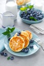 Cottage cheese pancakes, sweet curd fritters with berries, syrniki with honey and fresh blueberry on breakfast table