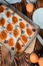 cottage cheese pie with apricots and cherries in a rectangular glass baking dish on a wooden table with a white plate Royalty Free Stock Photo