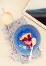 Cottage cheese pudding with cherry, a milk cup for a breakfast on . Royalty Free Stock Photo
