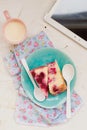 Cottage cheese pudding with cherry, a milk cup for a breakfast on . Royalty Free Stock Photo