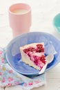 Cottage cheese pudding with cherry, a milk cup for a breakfast on . Royalty Free Stock Photo