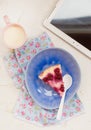 Cottage cheese pudding with cherry, a milk cup for a breakfast on . Royalty Free Stock Photo