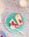 Cottage cheese pudding with cherry, a milk cup for a breakfast on . Royalty Free Stock Photo