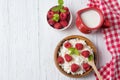 Cottage cheese with raspberries and green mint leaves, fresh berries and milk jug, healthy breakfast concept, top view Royalty Free Stock Photo