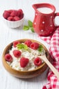 Cottage cheese with raspberries and mint leaves, fresh berries and milk jug, healthy breakfast concept Royalty Free Stock Photo