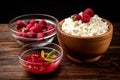 Cottage cheese, raspberry jam and fresh raspberry on dark wooden background Royalty Free Stock Photo