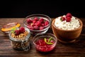 Cottage cheese, raspberry jam and fresh raspberry on dark wooden background Royalty Free Stock Photo