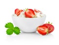 Cottage cheese with red ripe strawberry berries in White Royalty Free Stock Photo
