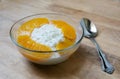 Cottage cheese and sliced peaches for breakfast Royalty Free Stock Photo