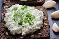 Cottage cheese smeared with bread. Sprinkled with green onions and dill