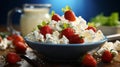Cottage cheese with strawberry and fork on blue background closeup Royalty Free Stock Photo