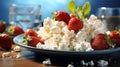 Cottage cheese with strawberry and fork on blue background closeup Royalty Free Stock Photo