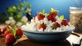 Cottage cheese with strawberry and fork on blue background closeup Royalty Free Stock Photo