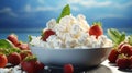 Cottage cheese with strawberry and fork on blue background closeup Royalty Free Stock Photo