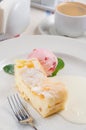Cottage cheese strudel with strawberry ice cream and coffee Royalty Free Stock Photo