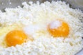 Cottage cheese, two eggs and salt background