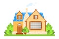 Cottage country house exterior flat design vector illustration. Sweet home facade front view clip art Royalty Free Stock Photo