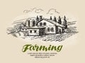 Cottage, country house sketch. Farm, rural landscape, agriculture, farming vector illustration Royalty Free Stock Photo